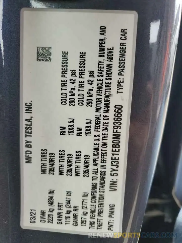 12 Photograph of a damaged car 5YJ3E1EB0MF936660 TESLA MODEL 3 2021
