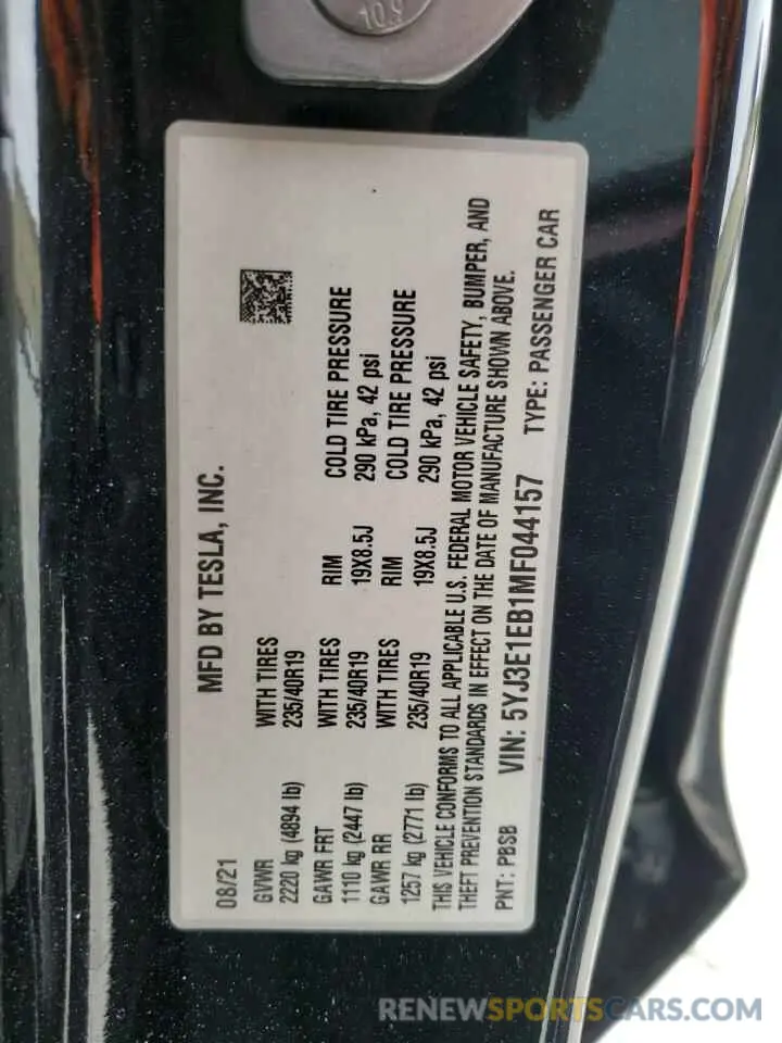 13 Photograph of a damaged car 5YJ3E1EB1MF044157 TESLA MODEL 3 2021