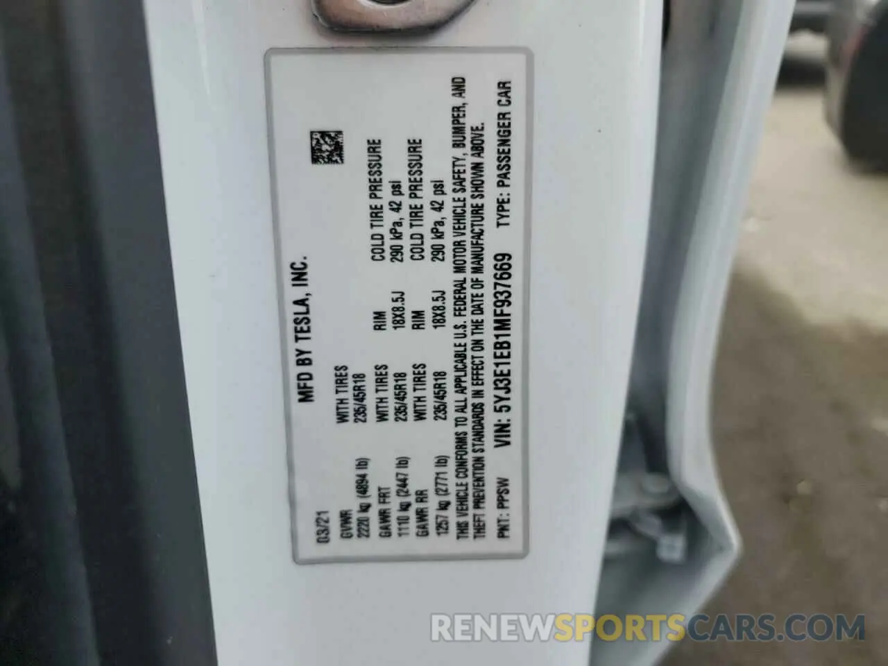 13 Photograph of a damaged car 5YJ3E1EB1MF937669 TESLA MODEL 3 2021