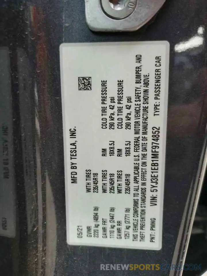 13 Photograph of a damaged car 5YJ3E1EB1MF974852 TESLA MODEL 3 2021