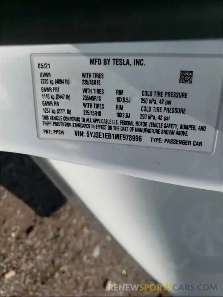 10 Photograph of a damaged car 5YJ3E1EB1MF978996 TESLA MODEL 3 2021