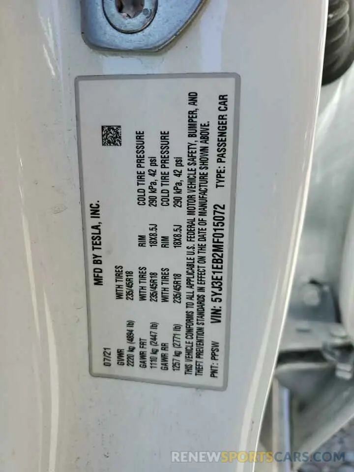 13 Photograph of a damaged car 5YJ3E1EB2MF015072 TESLA MODEL 3 2021