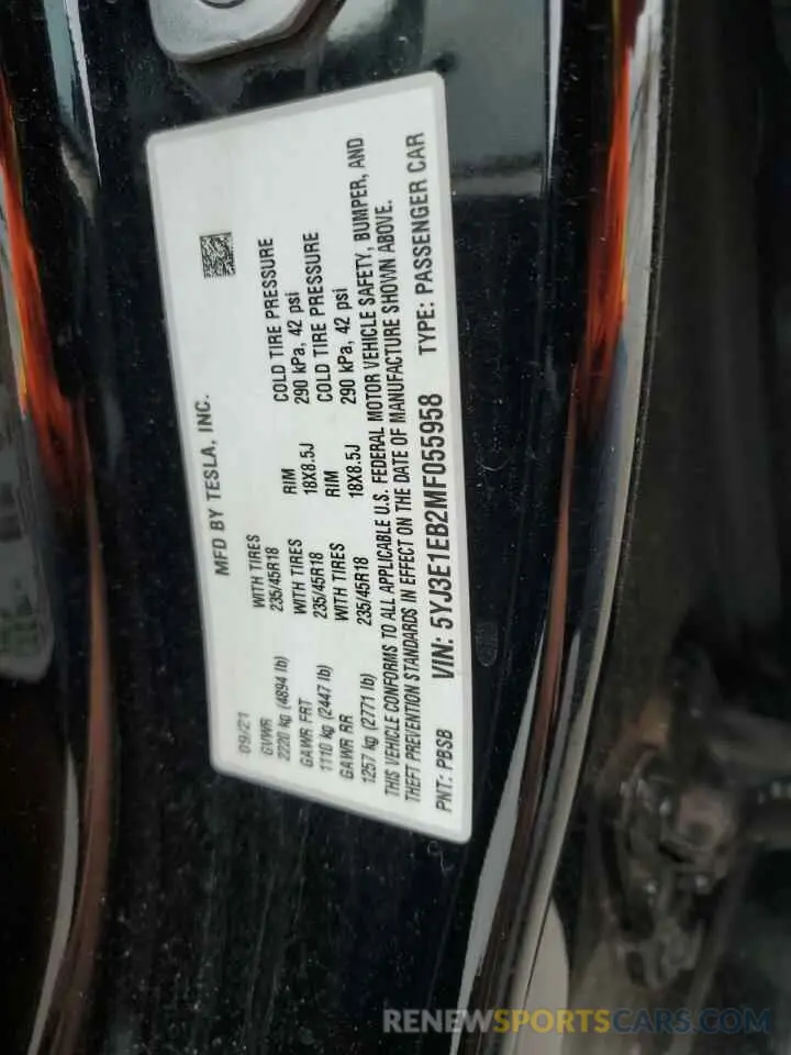 12 Photograph of a damaged car 5YJ3E1EB2MF055958 TESLA MODEL 3 2021