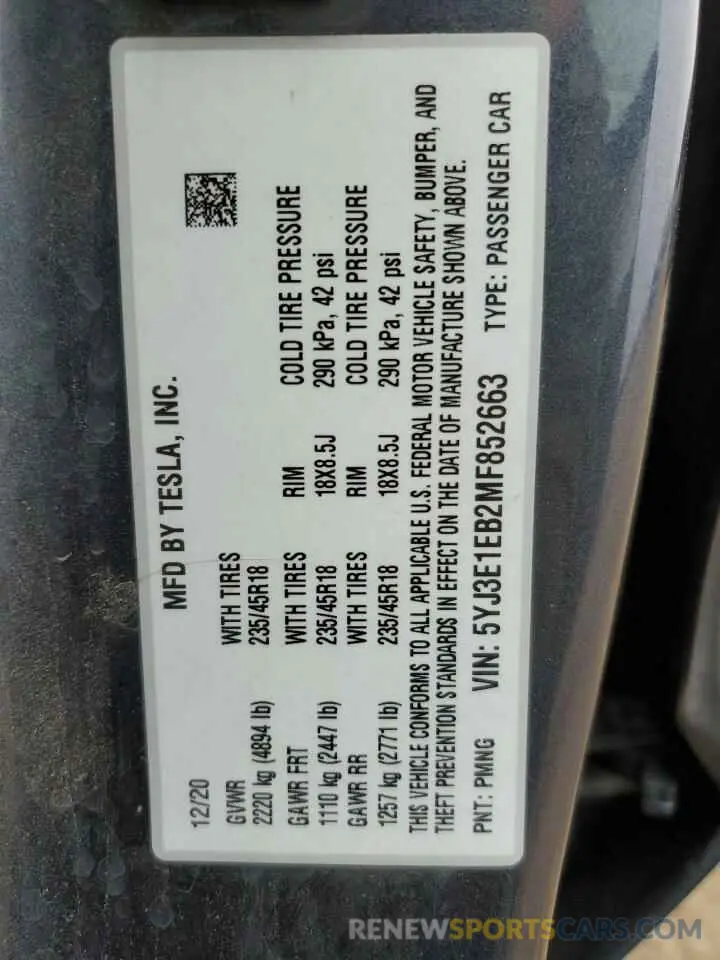 12 Photograph of a damaged car 5YJ3E1EB2MF852663 TESLA MODEL 3 2021