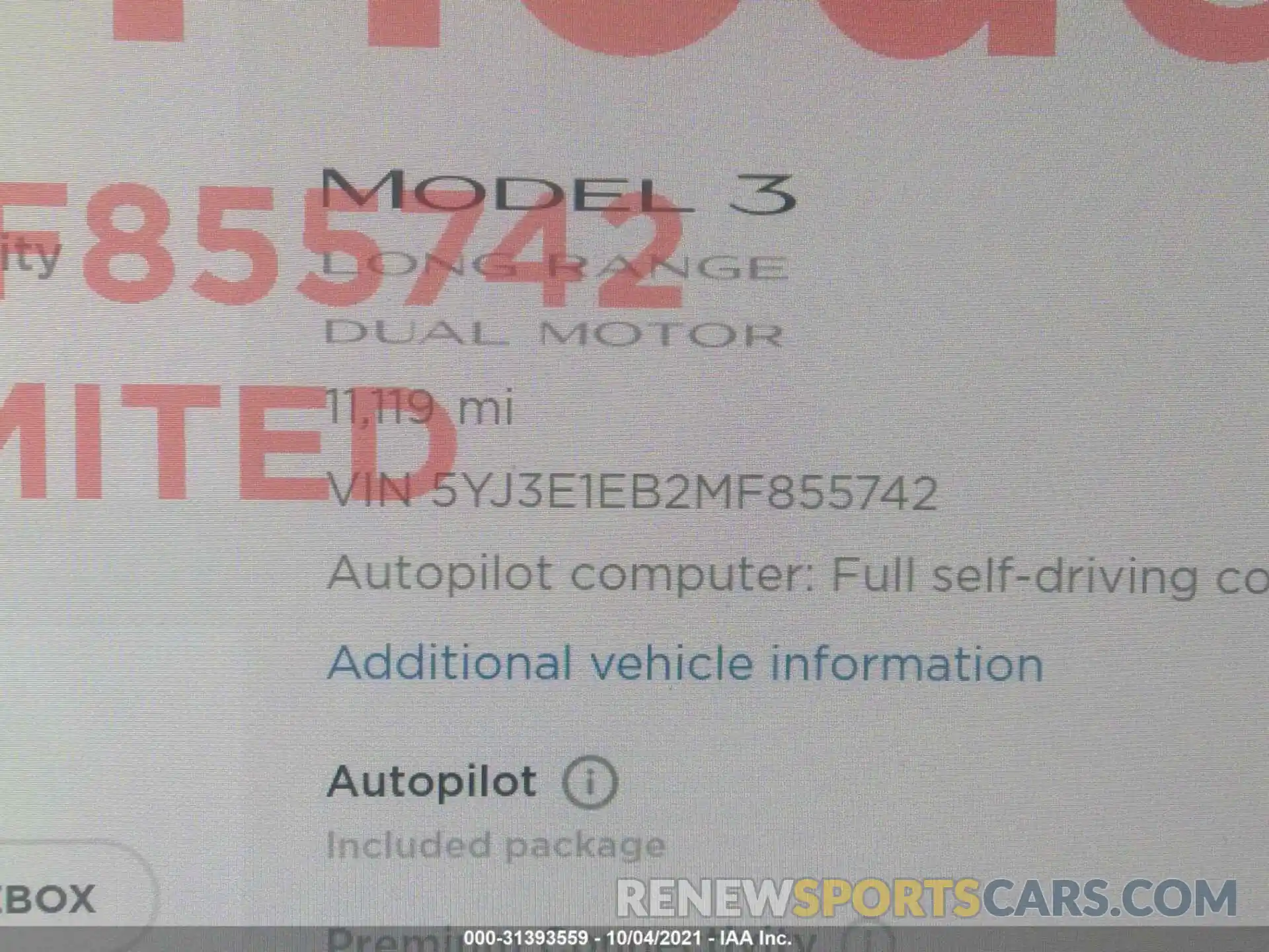 9 Photograph of a damaged car 5YJ3E1EB2MF855742 TESLA MODEL 3 2021