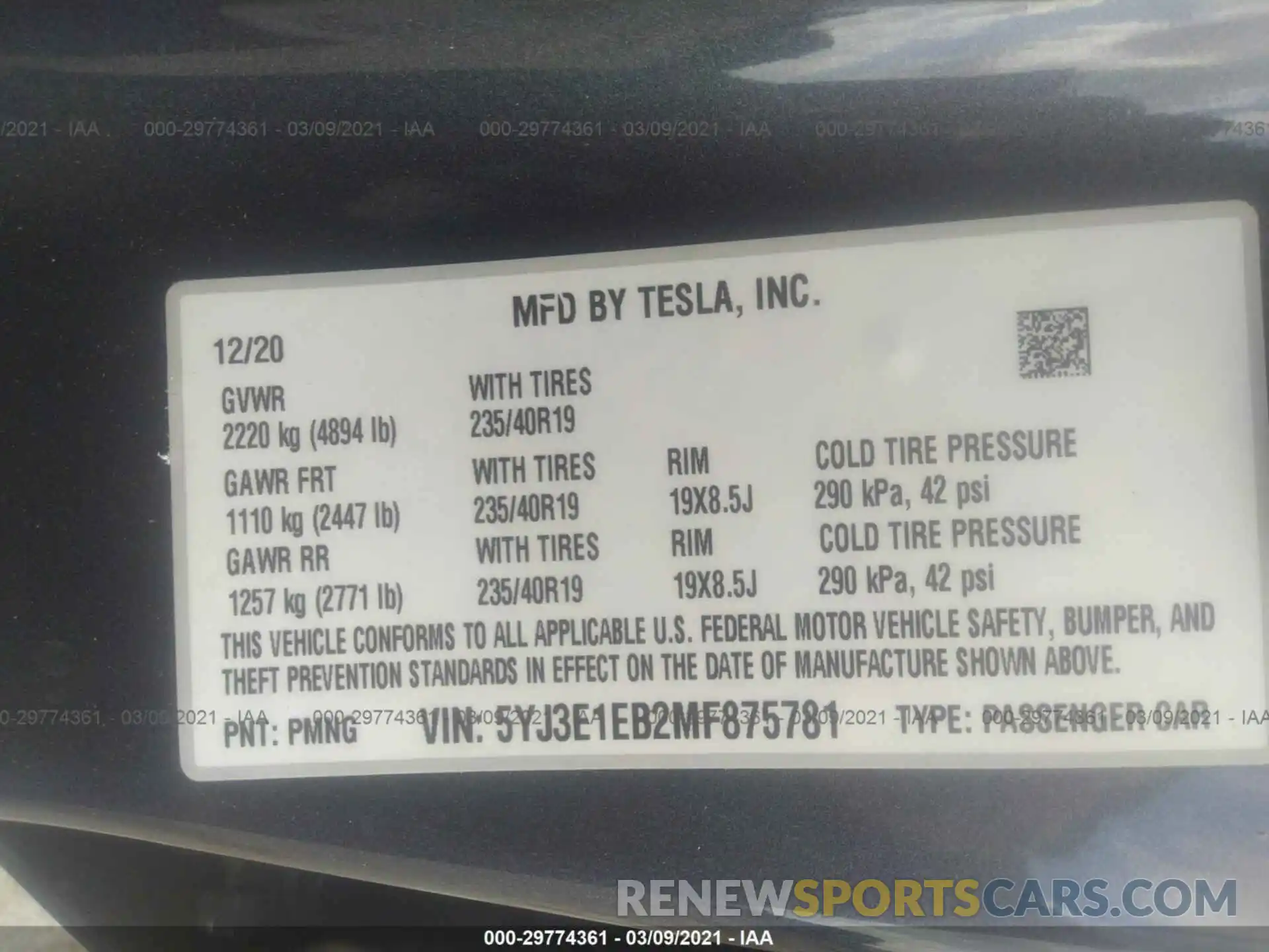 9 Photograph of a damaged car 5YJ3E1EB2MF875781 TESLA MODEL 3 2021