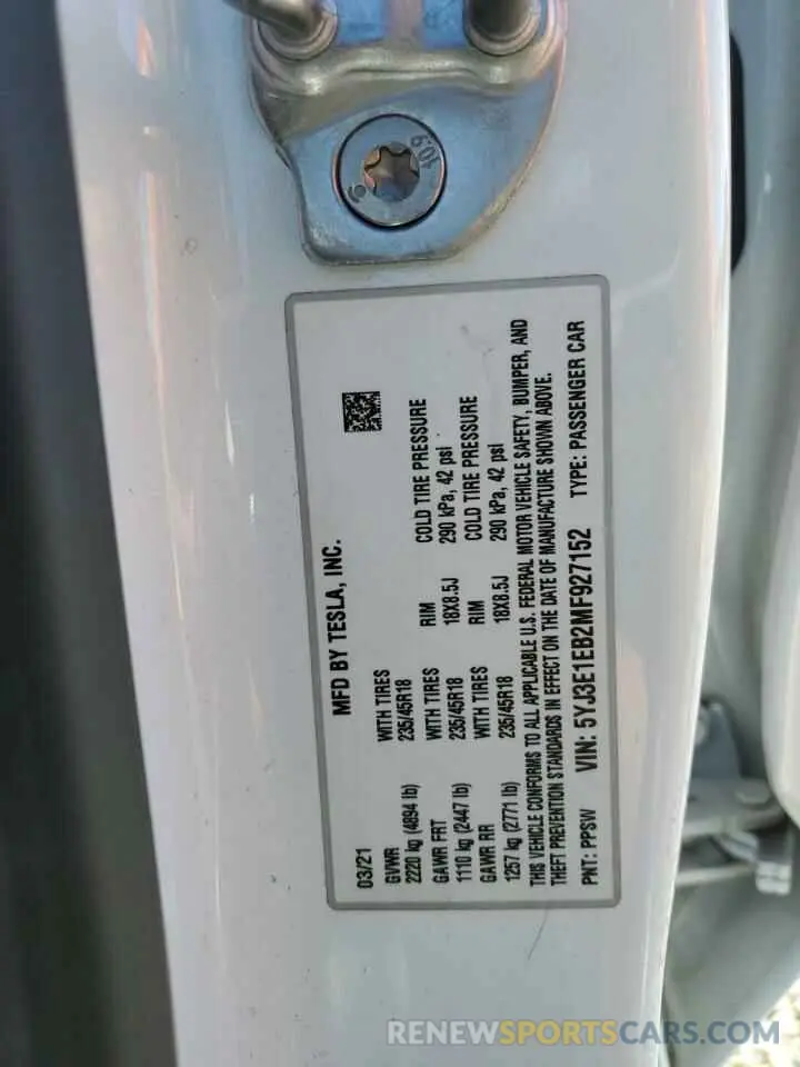 12 Photograph of a damaged car 5YJ3E1EB2MF927152 TESLA MODEL 3 2021