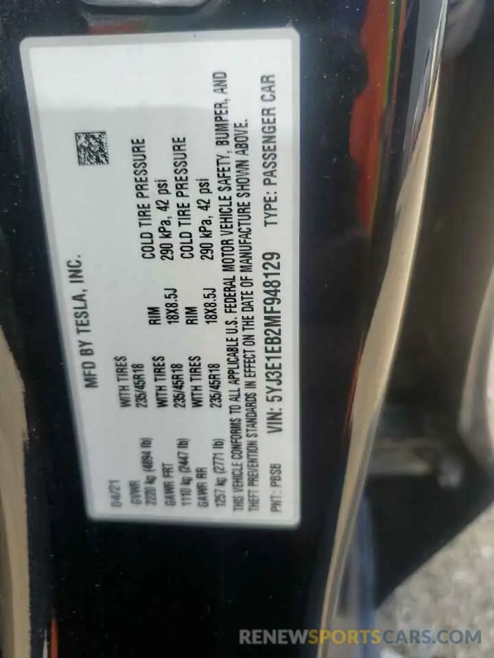 13 Photograph of a damaged car 5YJ3E1EB2MF948129 TESLA MODEL 3 2021