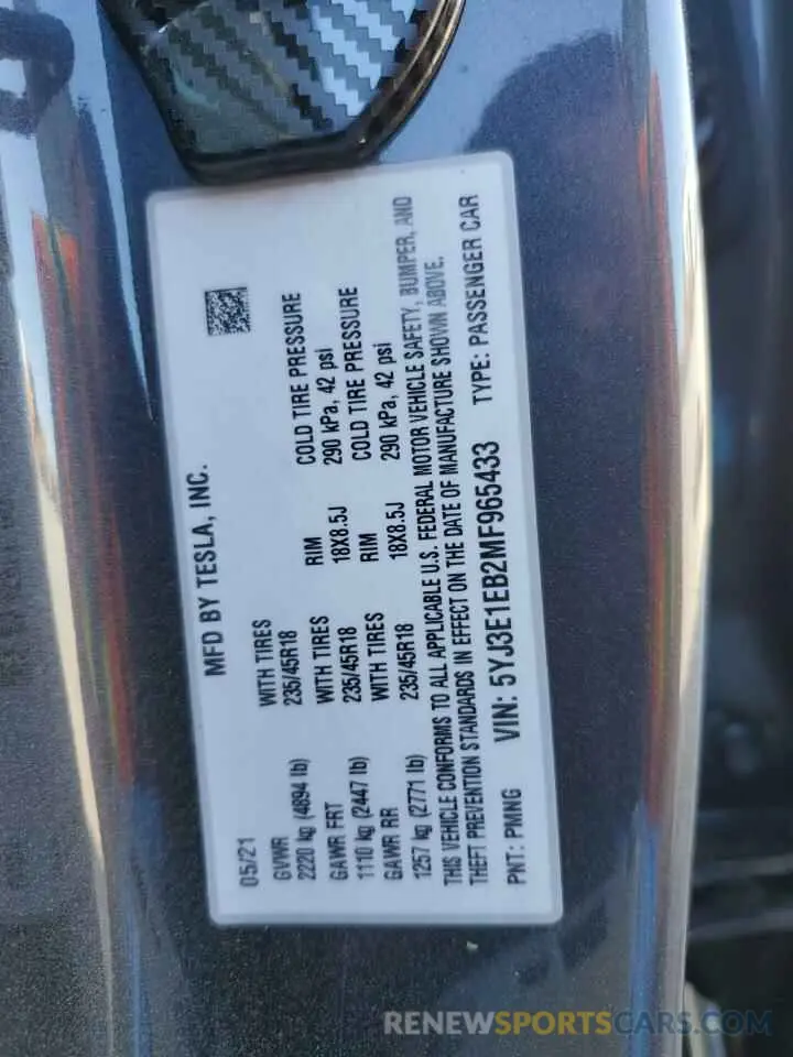 14 Photograph of a damaged car 5YJ3E1EB2MF965433 TESLA MODEL 3 2021