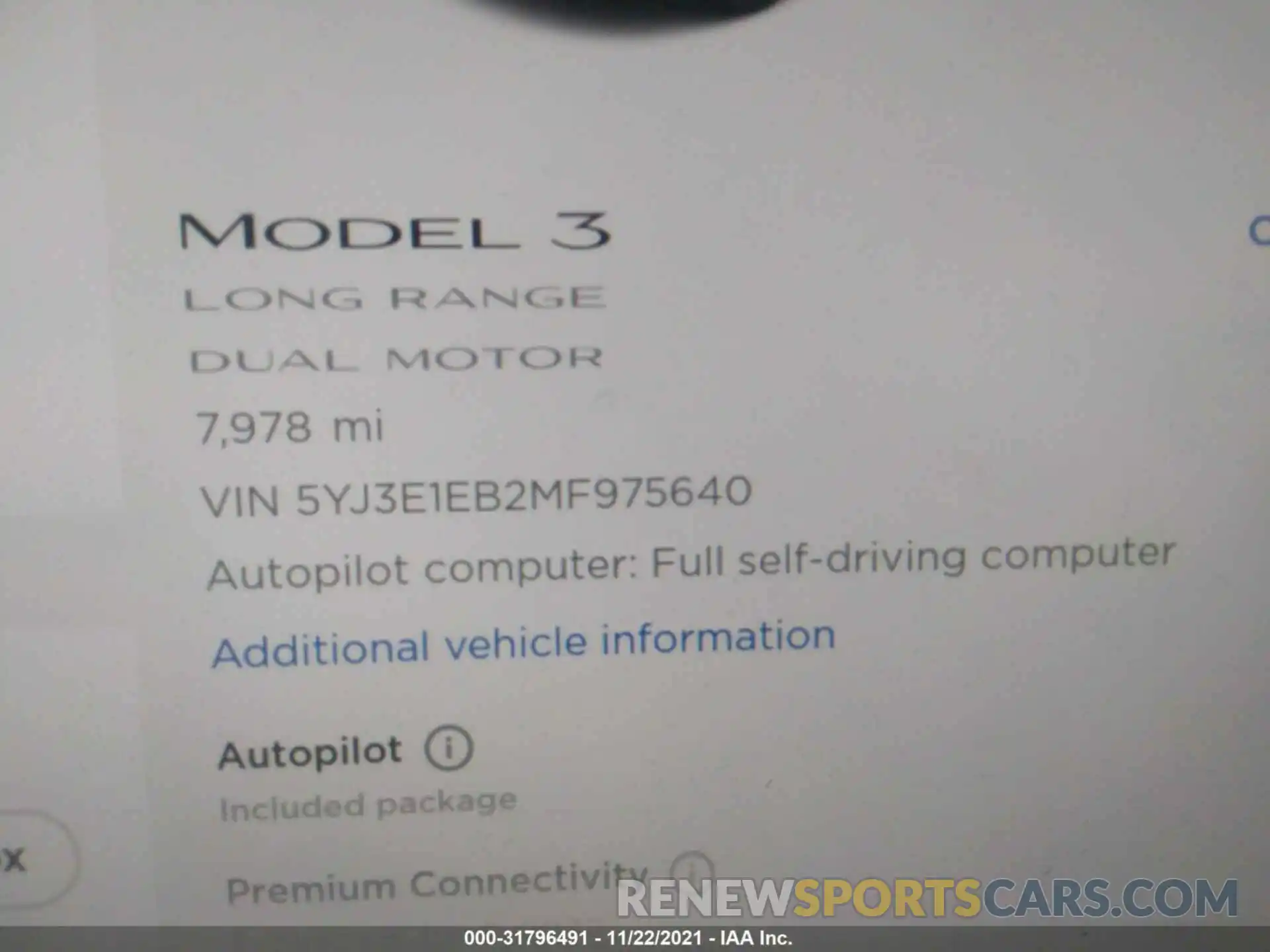 7 Photograph of a damaged car 5YJ3E1EB2MF975640 TESLA MODEL 3 2021