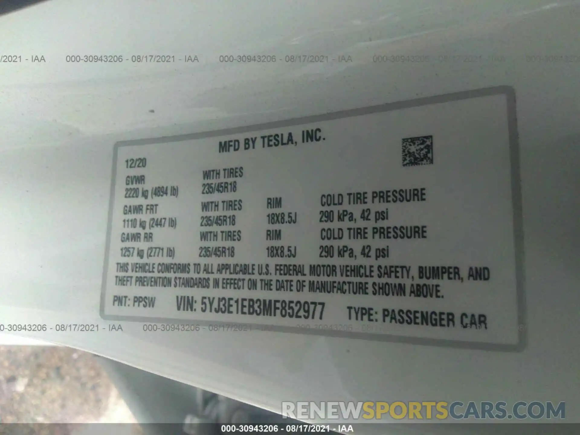 9 Photograph of a damaged car 5YJ3E1EB3MF852977 TESLA MODEL 3 2021