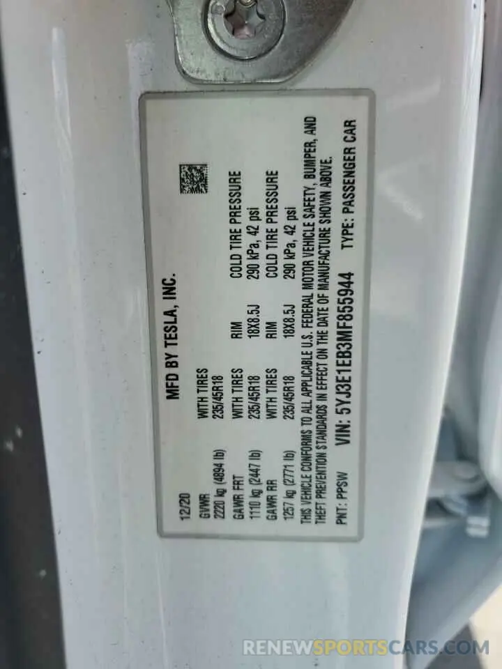 12 Photograph of a damaged car 5YJ3E1EB3MF855944 TESLA MODEL 3 2021