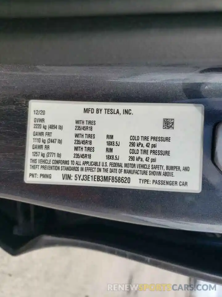 10 Photograph of a damaged car 5YJ3E1EB3MF858620 TESLA MODEL 3 2021