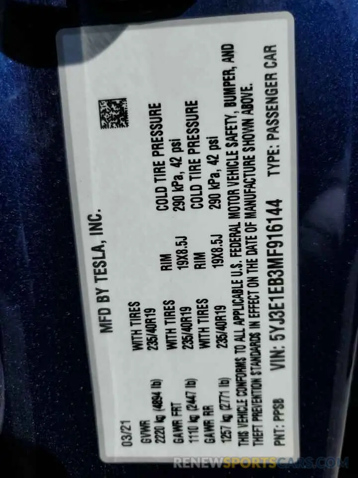 13 Photograph of a damaged car 5YJ3E1EB3MF916144 TESLA MODEL 3 2021