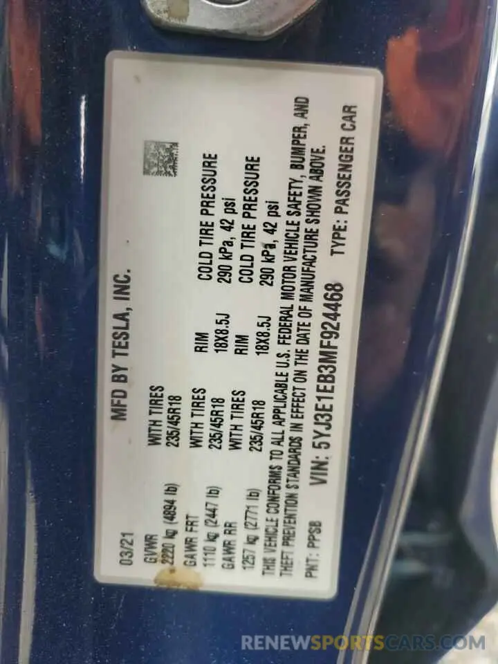 12 Photograph of a damaged car 5YJ3E1EB3MF924468 TESLA MODEL 3 2021