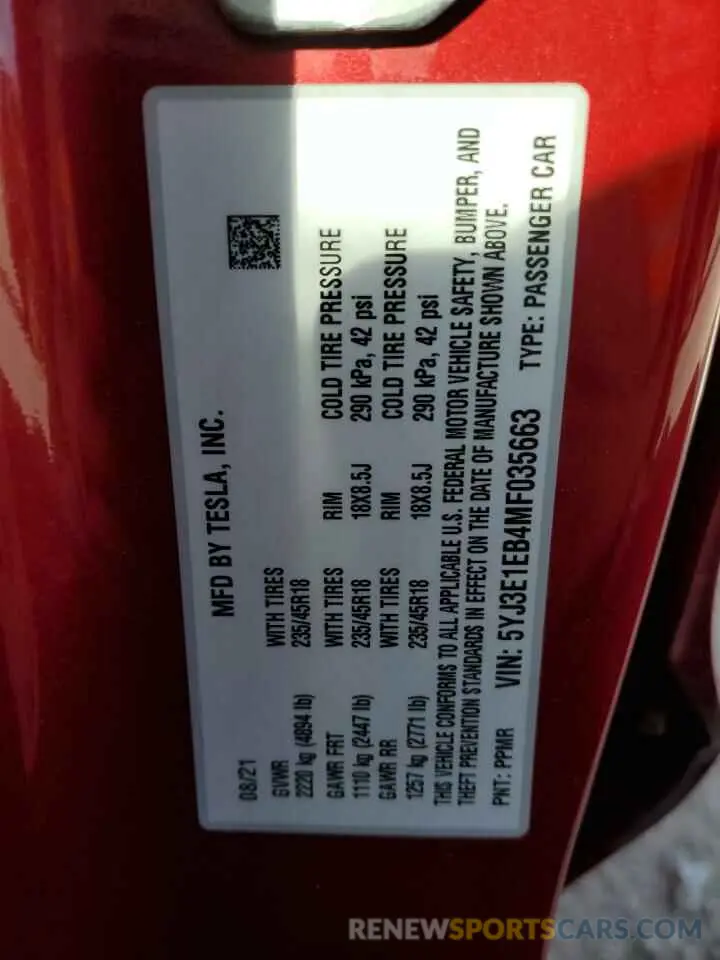 14 Photograph of a damaged car 5YJ3E1EB4MF035663 TESLA MODEL 3 2021
