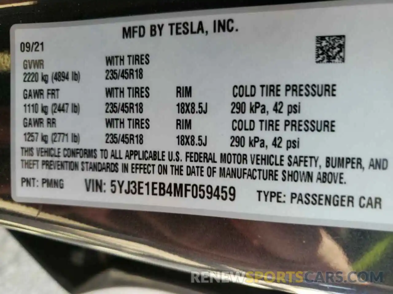 10 Photograph of a damaged car 5YJ3E1EB4MF059459 TESLA MODEL 3 2021