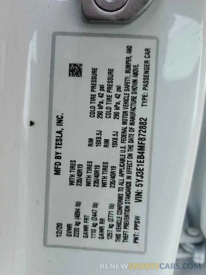 12 Photograph of a damaged car 5YJ3E1EB4MF872882 TESLA MODEL 3 2021