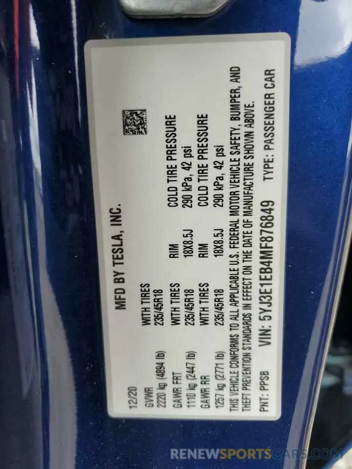 14 Photograph of a damaged car 5YJ3E1EB4MF876849 TESLA MODEL 3 2021