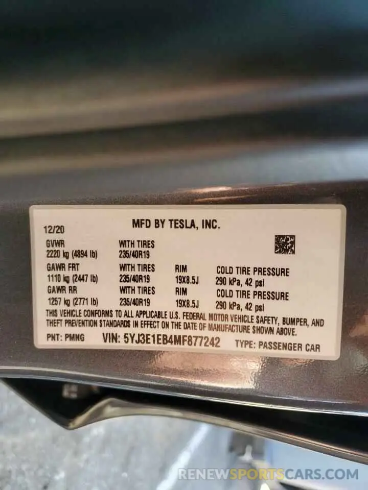 12 Photograph of a damaged car 5YJ3E1EB4MF877242 TESLA MODEL 3 2021
