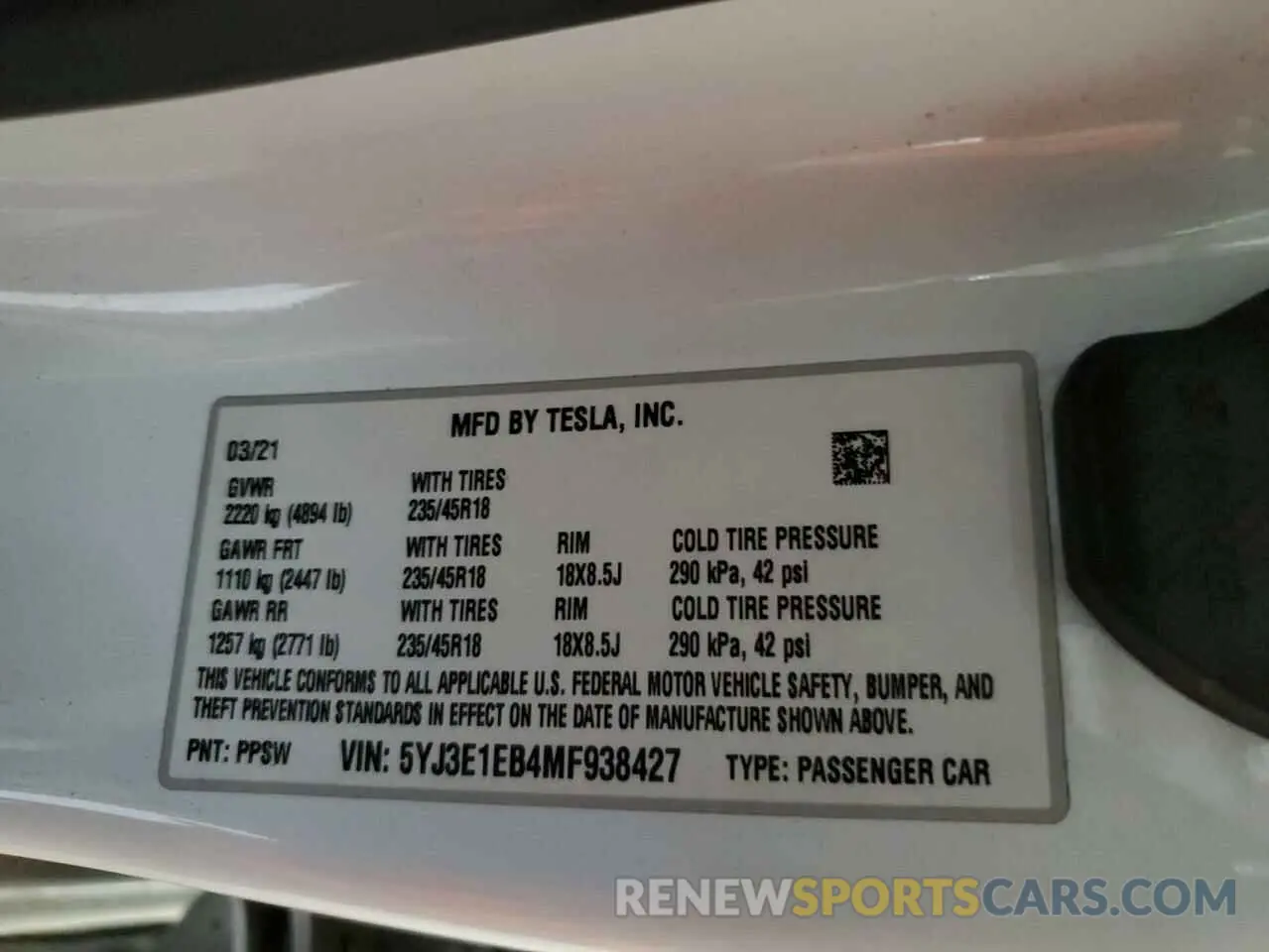 14 Photograph of a damaged car 5YJ3E1EB4MF938427 TESLA MODEL 3 2021