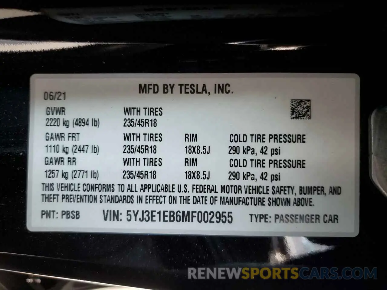 13 Photograph of a damaged car 5YJ3E1EB6MF002955 TESLA MODEL 3 2021