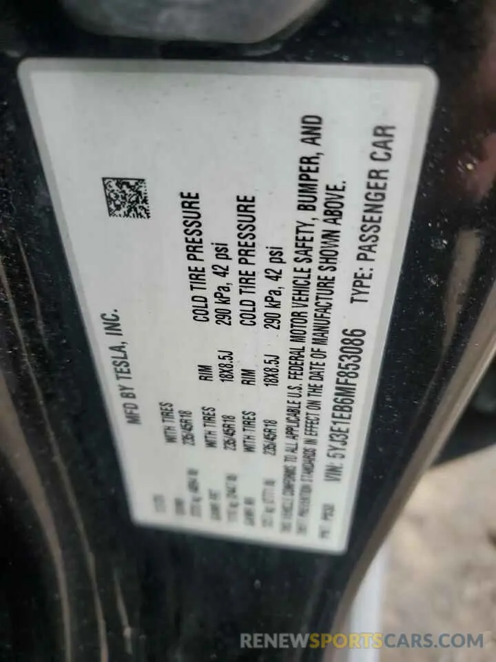 15 Photograph of a damaged car 5YJ3E1EB6MF853086 TESLA MODEL 3 2021