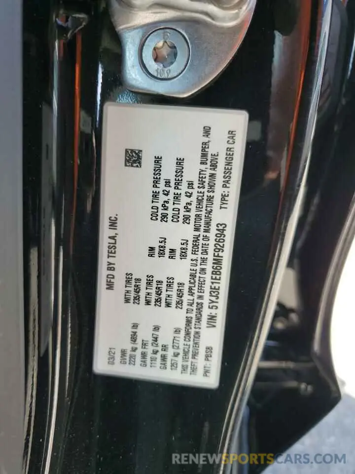 12 Photograph of a damaged car 5YJ3E1EB6MF926943 TESLA MODEL 3 2021
