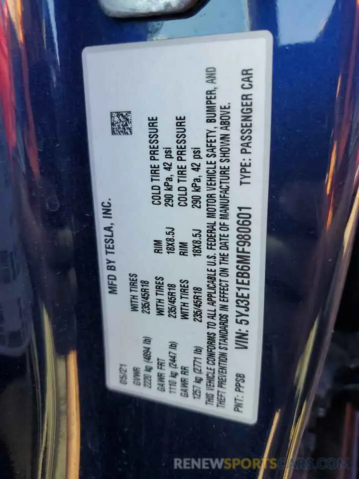 12 Photograph of a damaged car 5YJ3E1EB6MF980601 TESLA MODEL 3 2021