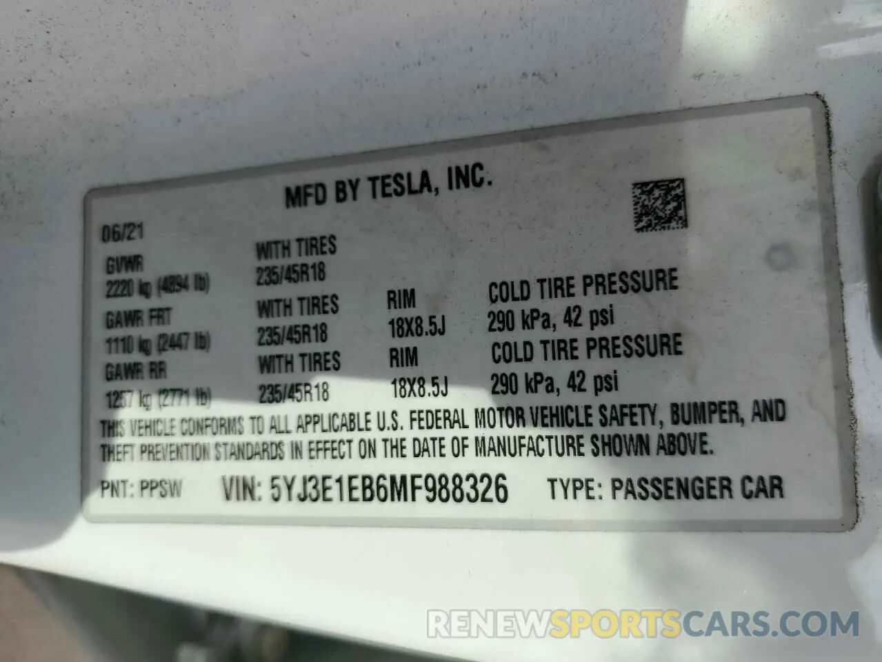 14 Photograph of a damaged car 5YJ3E1EB6MF988326 TESLA MODEL 3 2021
