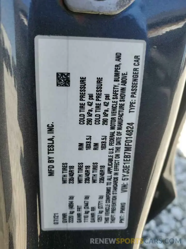 12 Photograph of a damaged car 5YJ3E1EB7MF014824 TESLA MODEL 3 2021