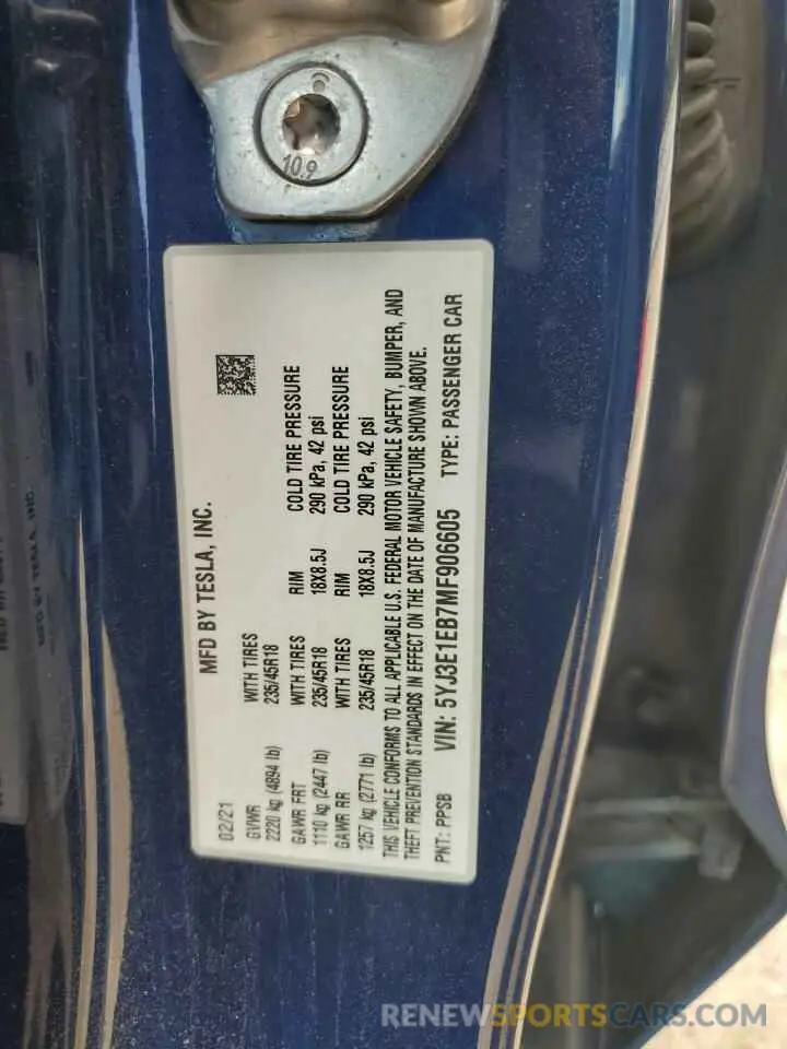 13 Photograph of a damaged car 5YJ3E1EB7MF906605 TESLA MODEL 3 2021