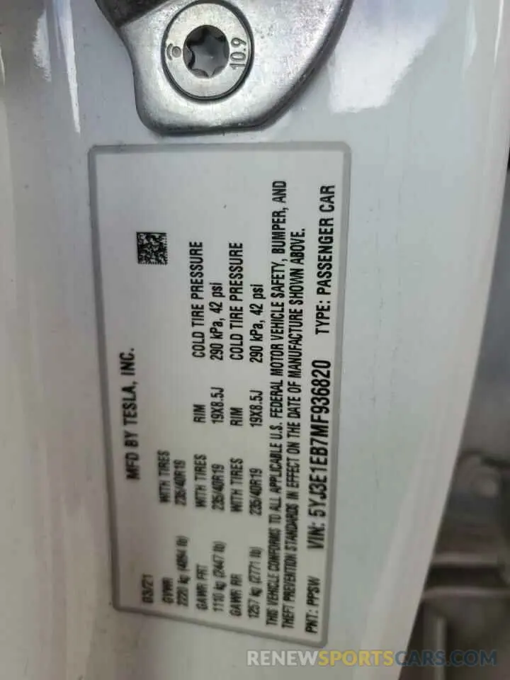 12 Photograph of a damaged car 5YJ3E1EB7MF936820 TESLA MODEL 3 2021
