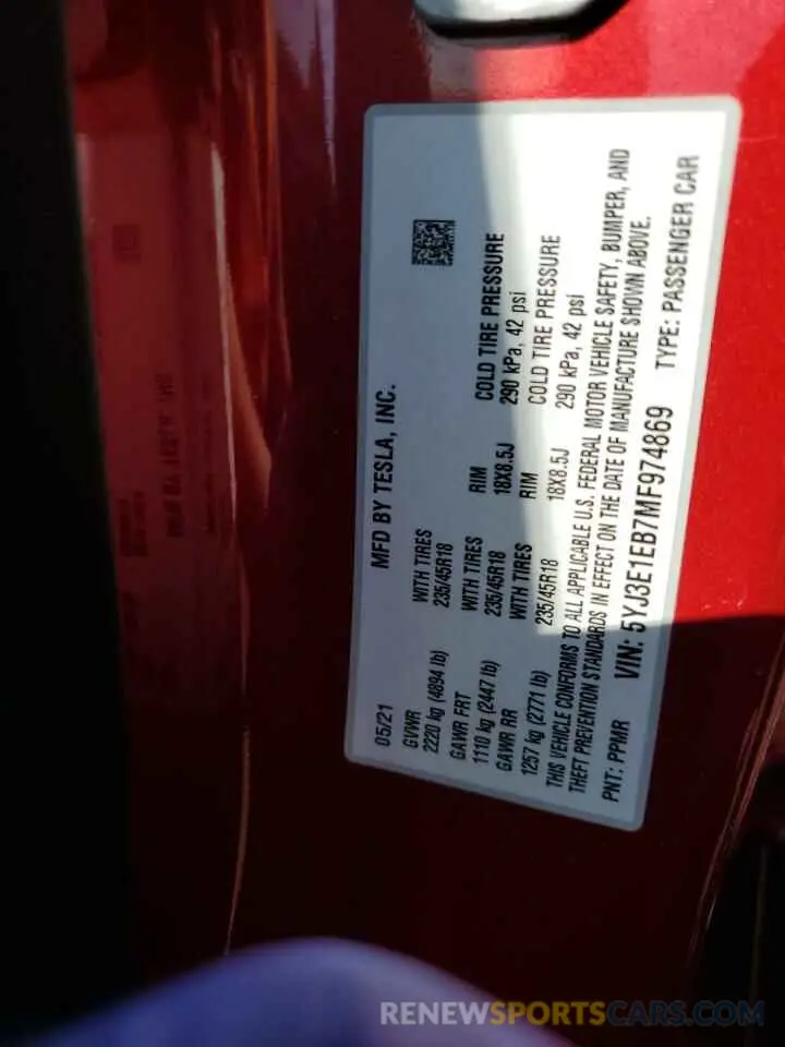 14 Photograph of a damaged car 5YJ3E1EB7MF974869 TESLA MODEL 3 2021