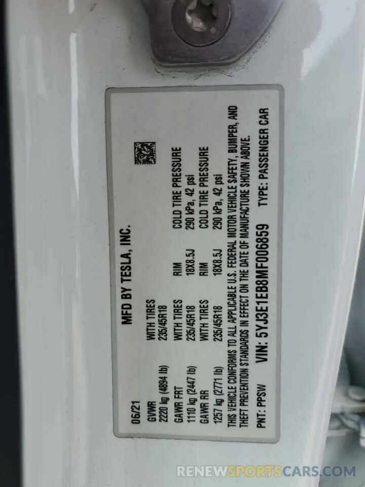 12 Photograph of a damaged car 5YJ3E1EB8MF006859 TESLA MODEL 3 2021