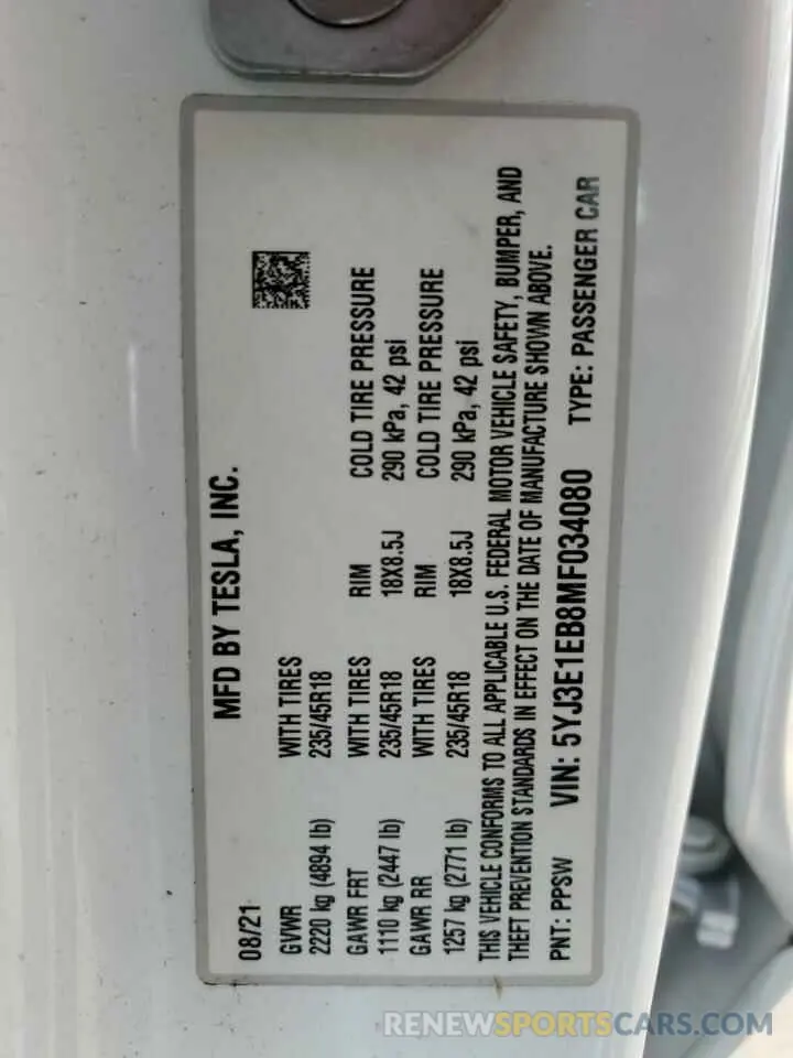 13 Photograph of a damaged car 5YJ3E1EB8MF034080 TESLA MODEL 3 2021