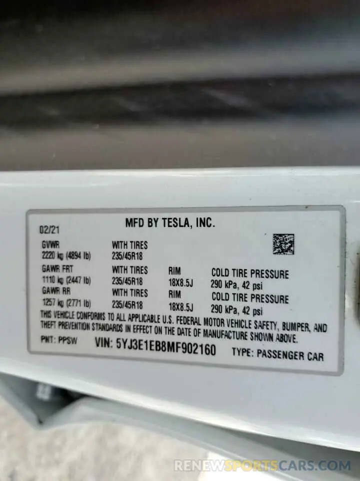 13 Photograph of a damaged car 5YJ3E1EB8MF902160 TESLA MODEL 3 2021