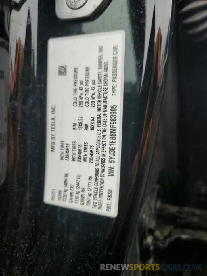 14 Photograph of a damaged car 5YJ3E1EB8MF983905 TESLA MODEL 3 2021