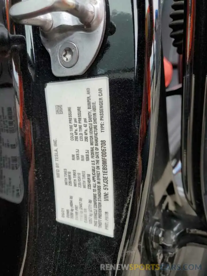 12 Photograph of a damaged car 5YJ3E1EB9MF006708 TESLA MODEL 3 2021
