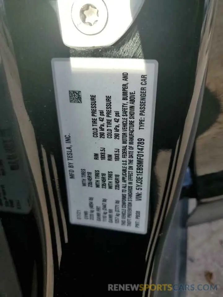 13 Photograph of a damaged car 5YJ3E1EB9MF014789 TESLA MODEL 3 2021