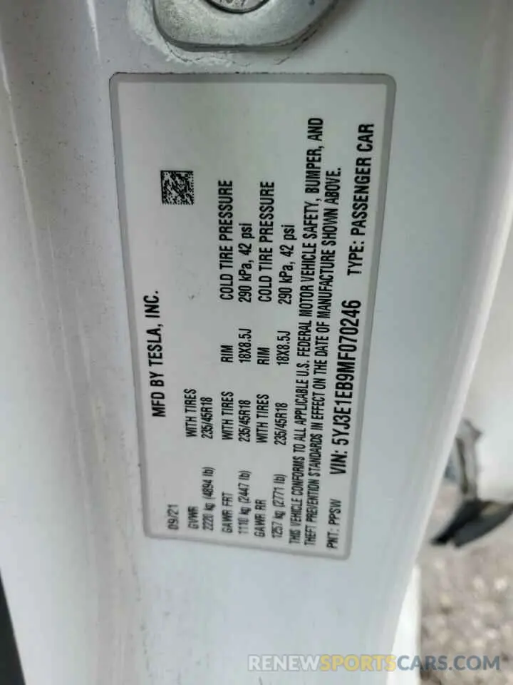 14 Photograph of a damaged car 5YJ3E1EB9MF070246 TESLA MODEL 3 2021