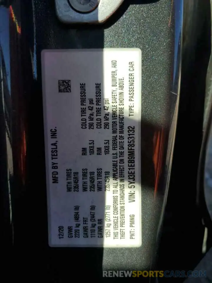 12 Photograph of a damaged car 5YJ3E1EB9MF853132 TESLA MODEL 3 2021