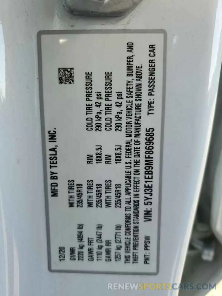 12 Photograph of a damaged car 5YJ3E1EB9MF869685 TESLA MODEL 3 2021