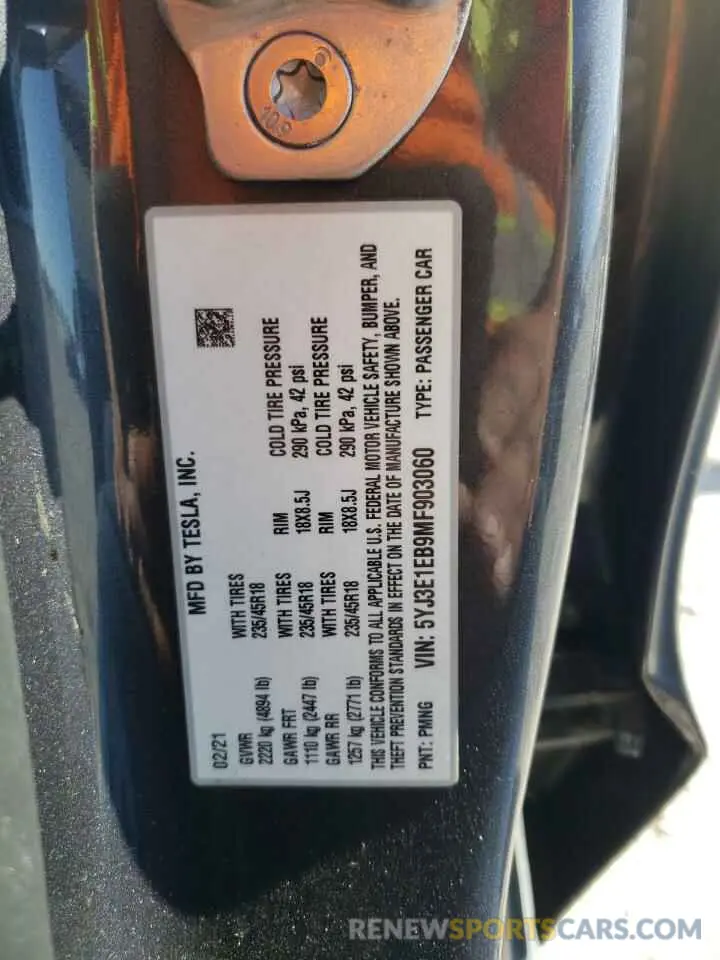 13 Photograph of a damaged car 5YJ3E1EB9MF903060 TESLA MODEL 3 2021