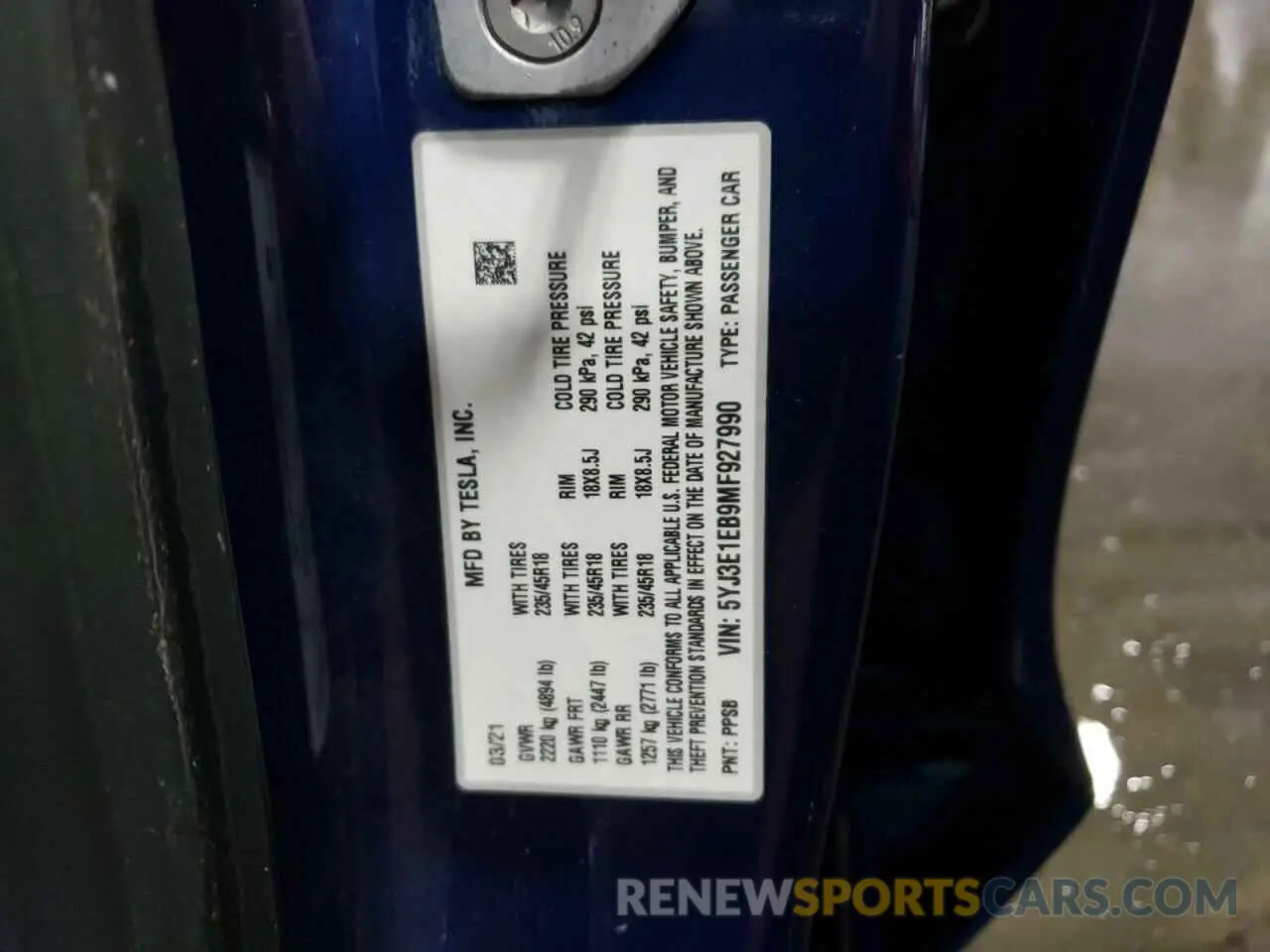 13 Photograph of a damaged car 5YJ3E1EB9MF927990 TESLA MODEL 3 2021
