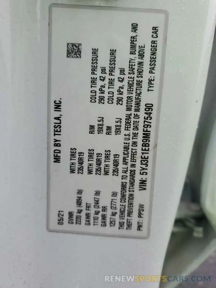 12 Photograph of a damaged car 5YJ3E1EB9MF975490 TESLA MODEL 3 2021
