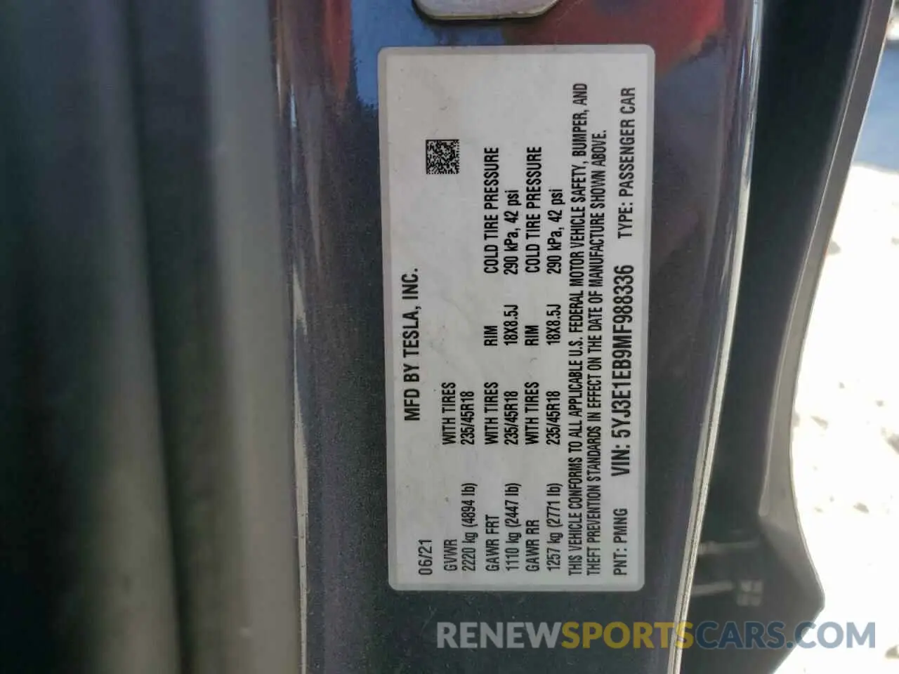 12 Photograph of a damaged car 5YJ3E1EB9MF988336 TESLA MODEL 3 2021