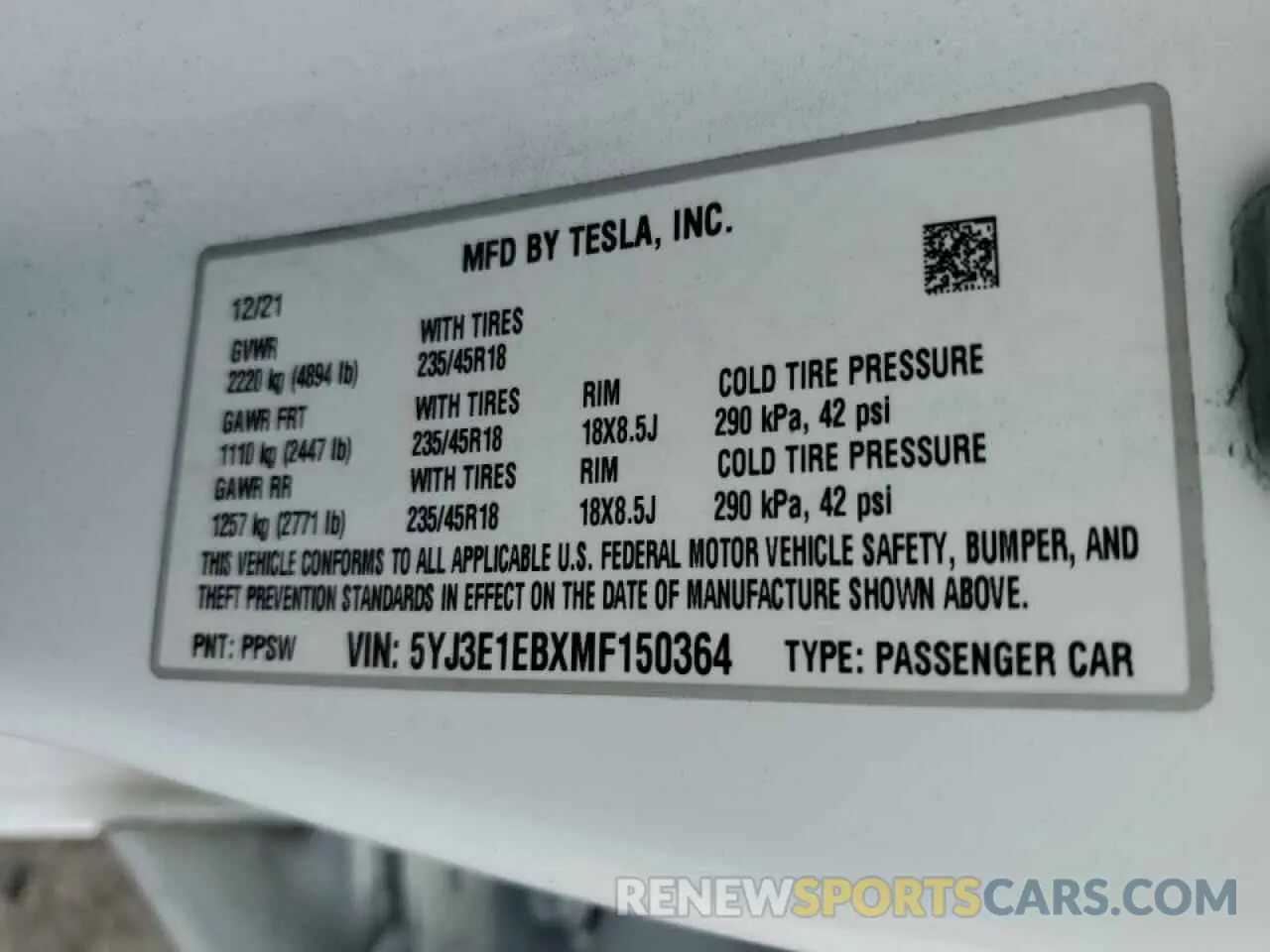 15 Photograph of a damaged car 5YJ3E1EBXMF150364 TESLA MODEL 3 2021