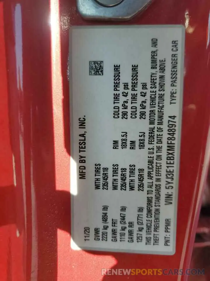 12 Photograph of a damaged car 5YJ3E1EBXMF848974 TESLA MODEL 3 2021