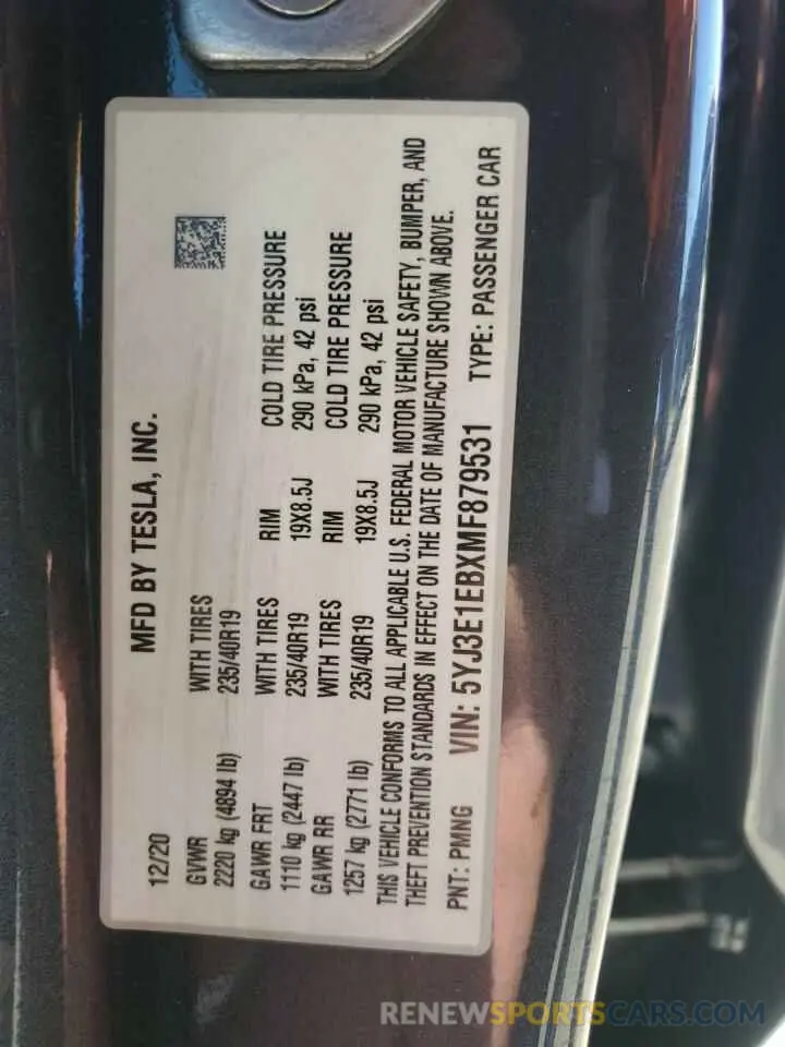 12 Photograph of a damaged car 5YJ3E1EBXMF879531 TESLA MODEL 3 2021